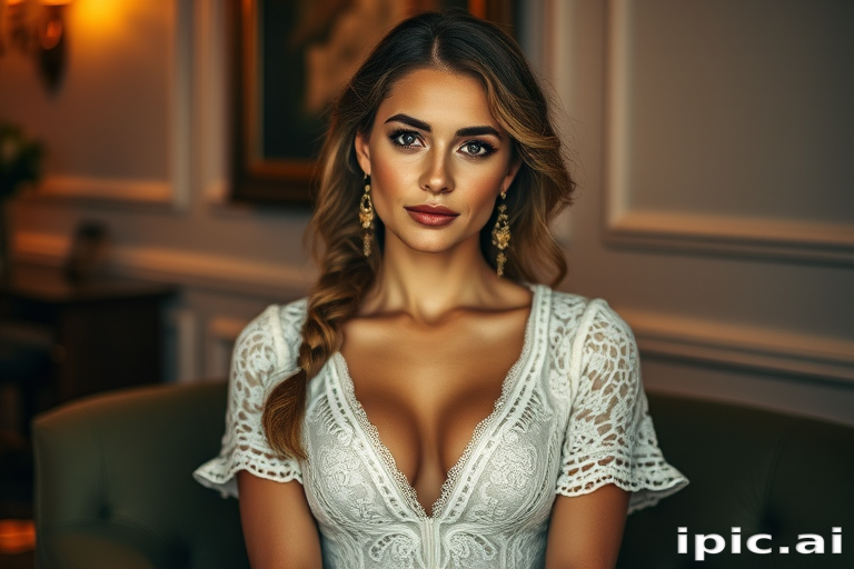 Create a portrait of a refined and elegant woman seated in a sophisticated setting. She has long, wavy hair styled in two thick braids that are pulled over her shoulders. She wears a white, lace gown with intricate patterns, featuring a deep V-neckline and short sleeves. The dress exudes a vintage charm with its delicate lacework. She is adorned with ornate, dangling earrings that add a touch of glamour to her appearance. The background is softly lit, with warm, ambient lighting that creates a cozy and inviting atmosphere. Her expression is poised and serene, capturing a sense of grace and elegance.