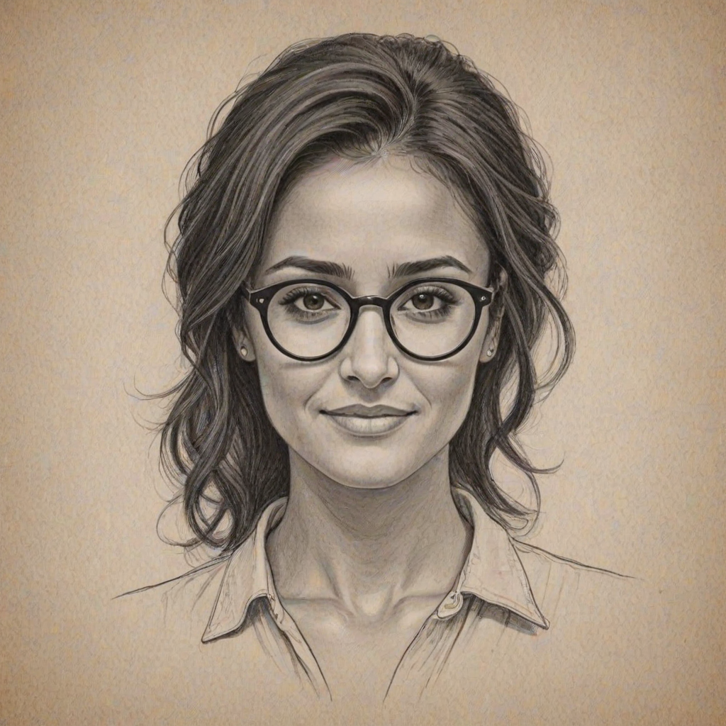 Bewitching Emmanuelle Chriqui, pencil sketch, portrait of Charming woman 1957s in glasses, hair style beatnik, outline, clear lines, fine lines, 8k