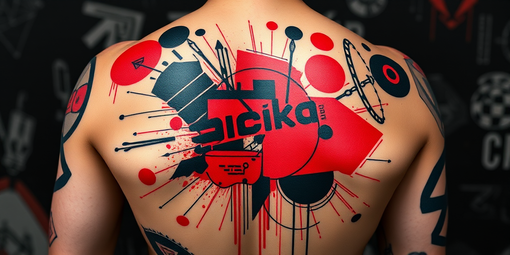 Avant-garde trash polka body tattoo combining abstract shapes, typography, and photorealistic elements on the back, using bold red and black ink for a striking contrast