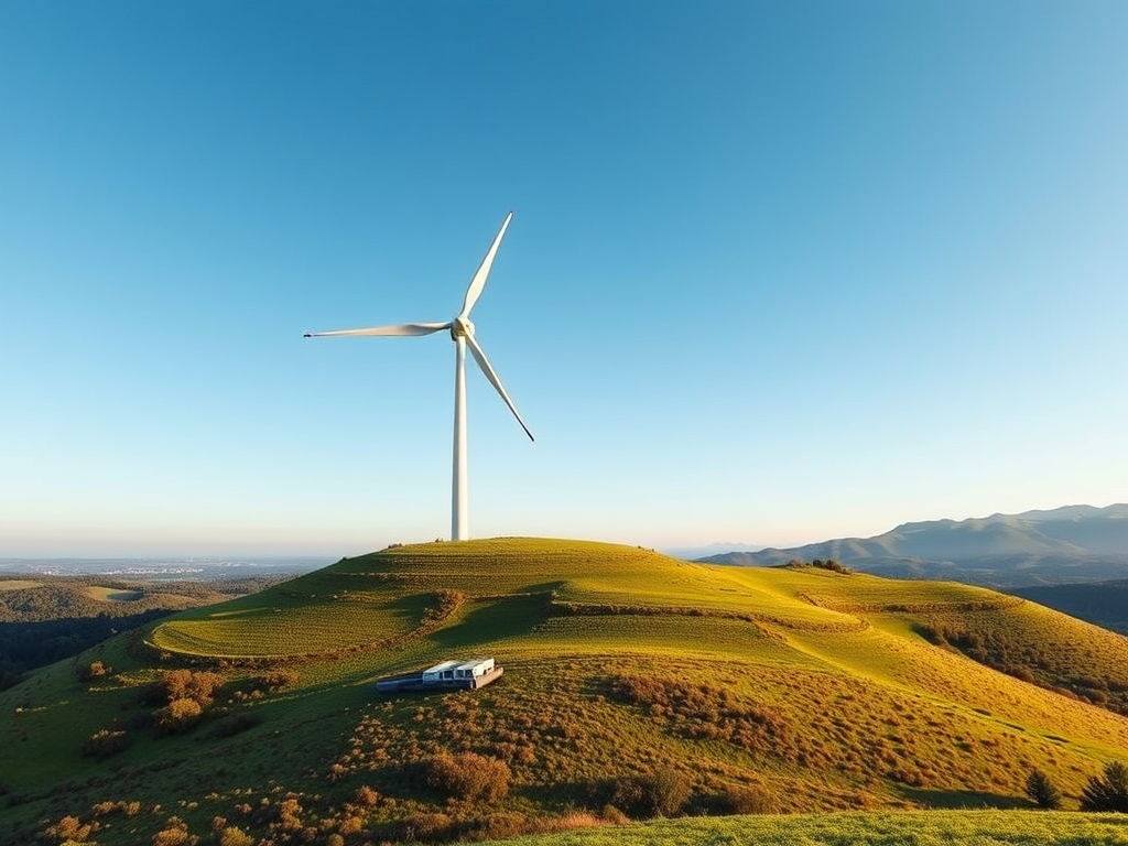 Create a high-resolution image of a modern wind turbine on a green hill, using a Nikon D850 camera, 35mm lens, f/8 aperture, ISO 100, and a panoramic view to enhance depth and clarity in natural lighting.