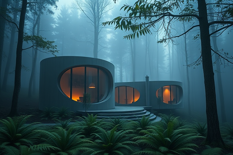 a modern concrete house set in a lush foggy forest, featuring circular structures with large glass windows, surrounded by ferns and trees, shot with a Canon EOS R5, 35mm lens, f/2.8, ISO 200, soft focus background for depth, twilight lighting for a magical atmosphere