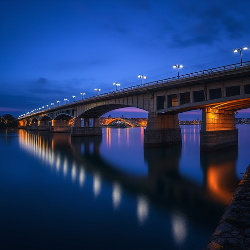 Capture a serene twilight scene of a bridge over still waters with soft glowing lights, using a Canon EOS R5 camera, 24mm lens, f/8 aperture, ISO 100, 30 seconds shutter speed, shot from a high vantage point to emphasize the bridge's architecture and reflections in the water.