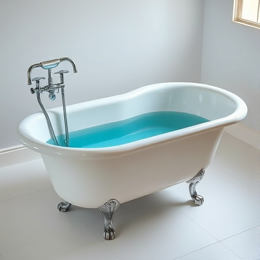 Create a high-resolution illustration of a vintage clawfoot bathtub filled with clear blue water, shot with a Canon EOS R5 at f/8, ISO 100, 50mm lens, in a well-lit studio environment with soft diffused lighting for smooth shadows and highlights.