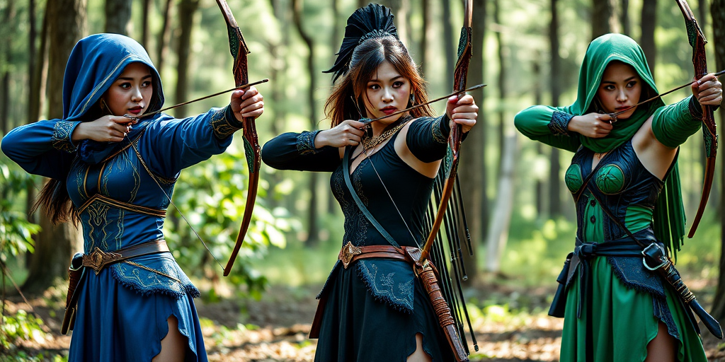 Generate a high-resolution fantasy image of three female archers in dynamic poses, each wearing intricately designed outfits in blue, black, and green, drawing their bows with concentration, in an outdoor forest setting, shot with a Canon EOS R5 at f/2.8, 50mm lens, ISO 100, and soft natural lighting for enhanced detail and vivid colors.