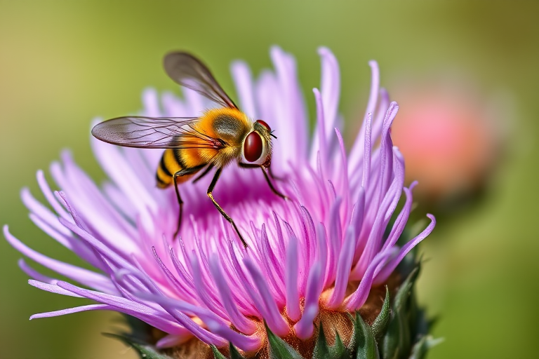 macro shot of a yellow hoverfly feeding on a purple thistle flower, f/2.8, 1/400s, ISO 100, shot with a Canon EOS 5D Mark IV, 100mm macro lens, soft focus background for depth, natural lighting