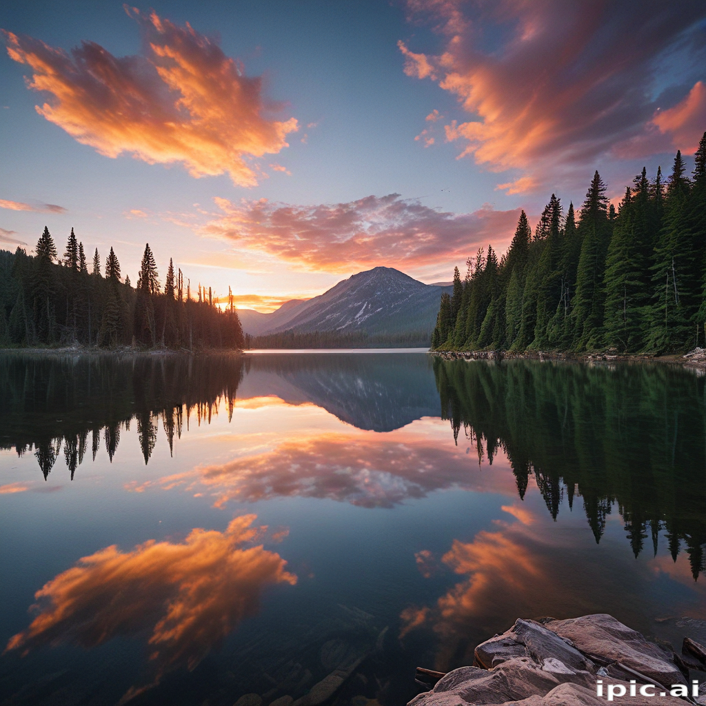 Serene Sunset Over a Tranquil Lake Surrounded by Lush Pine Forests