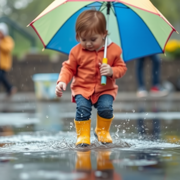 Blurry action shot of a young child splashing through puddles on a rainy day, with bright yellow rain boots and a colorful umbrella, soft raindrops visible in the air.