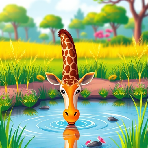 create a colorful digital illustration of a cartoon giraffe bending down to drink from a pond, with vibrant grass and trees in the background, using a Canon EOS 5D Mark IV with a 50mm lens, aperture f/1.8 for a shallow depth of field, and a bright daylight setting to enhance colors and details.