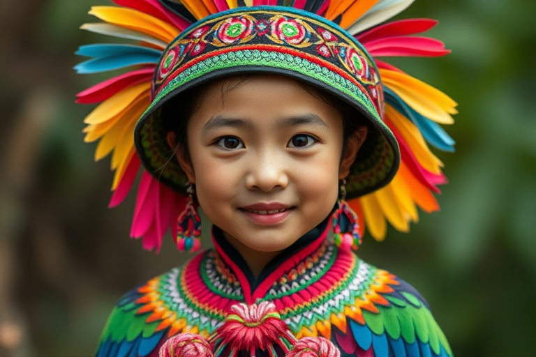 A beautiful Miao girl, wearing colorful bird clothing with vibrant colors