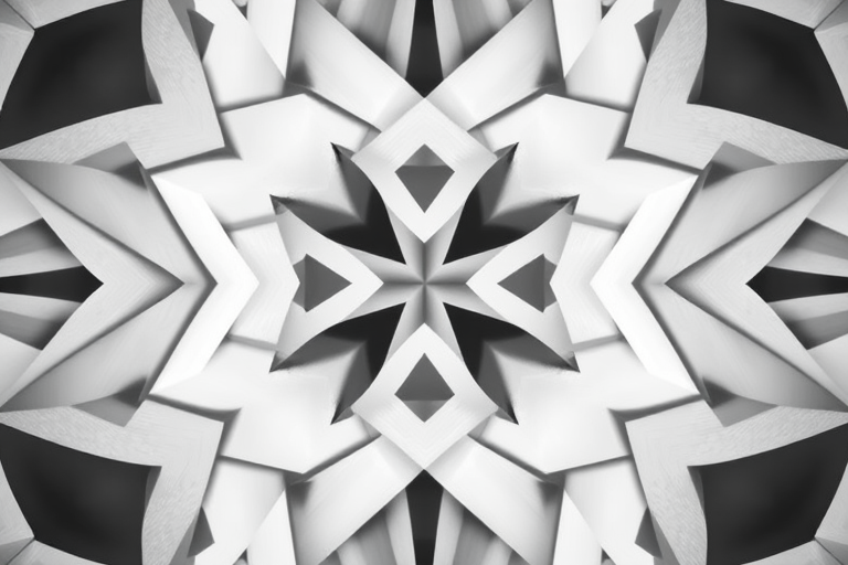 Create an abstract geometric pattern featuring interlocking shapes in a monochrome color scheme, captured with a DSLR camera at f/8 aperture, ISO 100, 1/125 shutter speed, top-down view, with a soft focus effect for depth.