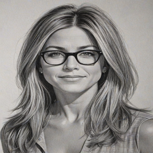 Comely Jennifer Aniston, pencil sketch, portrait of Stunning woman 1963s in glasses, hair style beatnik, outline, clear lines, fine lines, 8k
