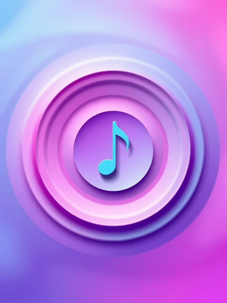 Create a vibrant abstract background featuring a musical note in the center, with circular waves radiating outwards, using soft gradients of blue, pink, and purple, captured with a digital camera at f/4 aperture, ISO 100, 1/100 second shutter speed, shot from a top-down perspective, with a modern minimalist style.