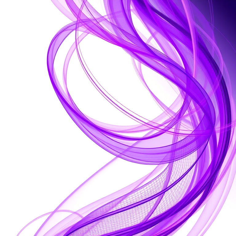 Create an abstract illustration featuring swirling purple and violet lines on a white background, shot with a DSLR camera, 50mm lens, f/1.8 aperture, ISO 100, in sharp focus to highlight the fluidity of the lines.