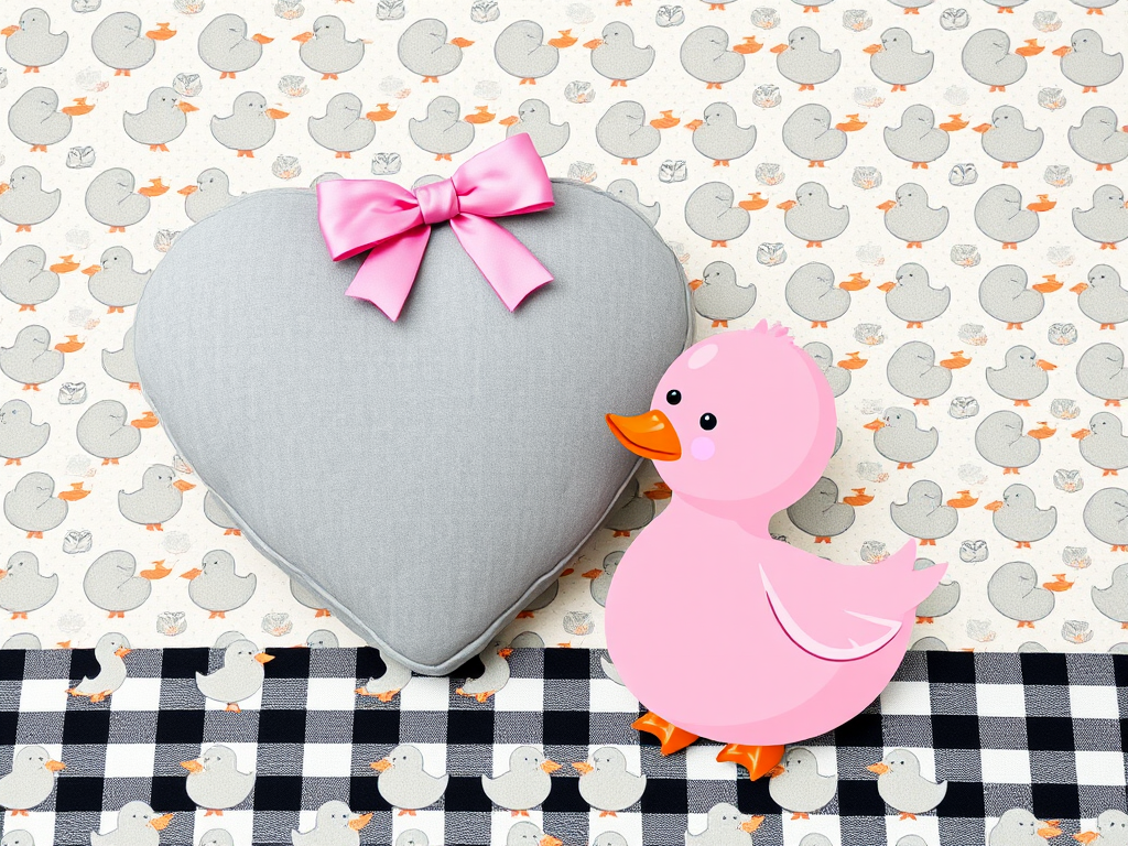 Create a cute and whimsical illustration featuring a pink duck and a large gray heart with a pink bow on a patterned background of small grey ducks and black and white checkered fabric, shot with a DSLR camera at f/2.8, ISO 100, and a close-up perspective to enhance clarity and detail.