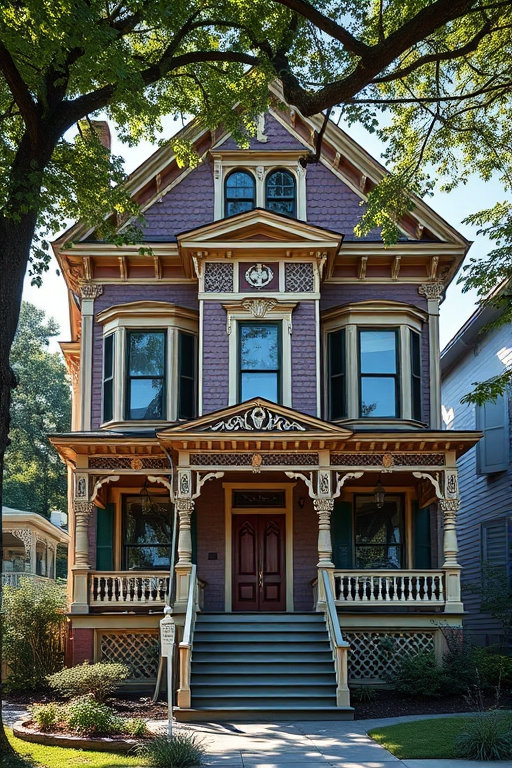 A detailed Victorian house with intricate woodwork and a grand front porch, set in a lush neighborhood during bright daylight, shot with a DSLR camera at f/8 aperture, ISO 100, 24mm focal length, natural lighting, and a wide-angle view for enhanced depth of field and clarity.