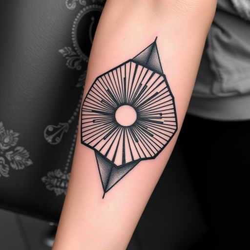 Bold geometric body tattoo covering the forearm, showcasing precise linework and optical illusions in stark black and white contrast, creating a mesmerizing 3D effect