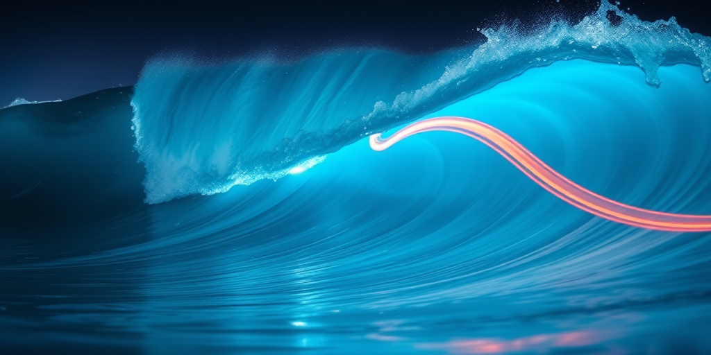 Create an ethereal depiction of a wave with vibrant blue and orange light trails, using a Canon EOS R5, 35mm lens, aperture f/1.8, ISO 100, and a long exposure to enhance fluid motion and detail.