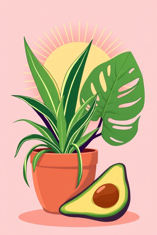 Create a vibrant digital illustration of a pot of snake plants and a monstera leaf next to a sliced avocado, with a stylized sunburst behind them, using a soft color palette; camera type: digital illustration, camera style: modern vector art, camera view: flat lay, settings: high resolution, 300 DPI.