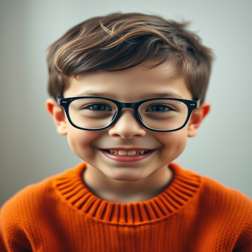 portrait of a young boy with glasses and a warm expression, wearing an orange sweater, soft background, natural light, 85mm lens, f/1.8 aperture, ISO 200, shot from eye level with a shallow depth of field, taken using a DSLR camera