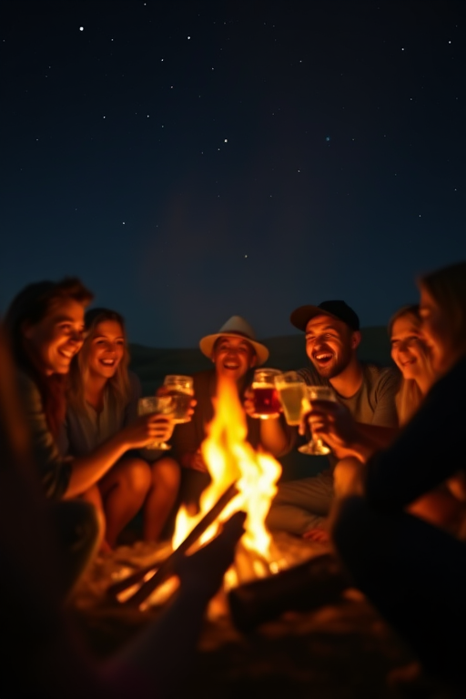 Blurry candid shot of a group of friends laughing and toasting drinks around a campfire, soft golden light from the flames casting long shadows, with stars twinkling in the night sky above.