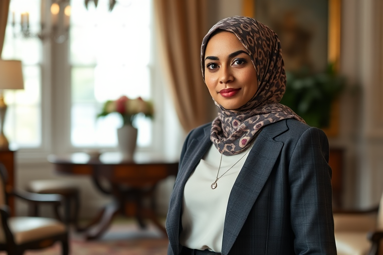 portrait of a woman wearing a patterned hijab and stylish blazer standing gracefully in an elegantly decorated room, soft lighting, ISO 100, aperture f/2.8, shutter speed 1/60s, shot with a DSLR camera at eye level, using a shallow depth of field to enhance background blur and focus on the subject