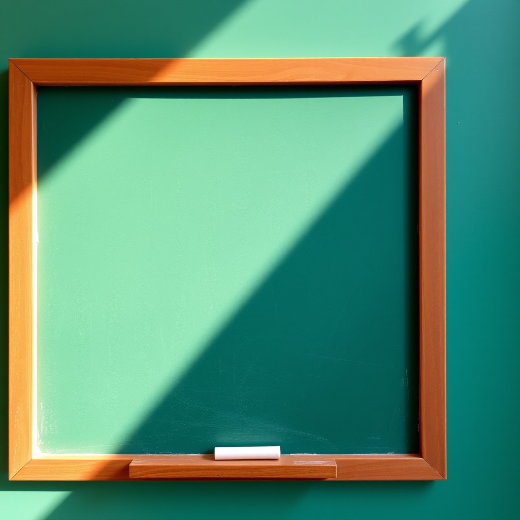 Create an image of a green chalkboard with a wooden frame, a few pieces of chalk and an eraser at the bottom, captured with a DSLR camera at f/2.8, ISO 200, 1/60s, in natural light, using a wide-angle lens for a clear, vibrant view.