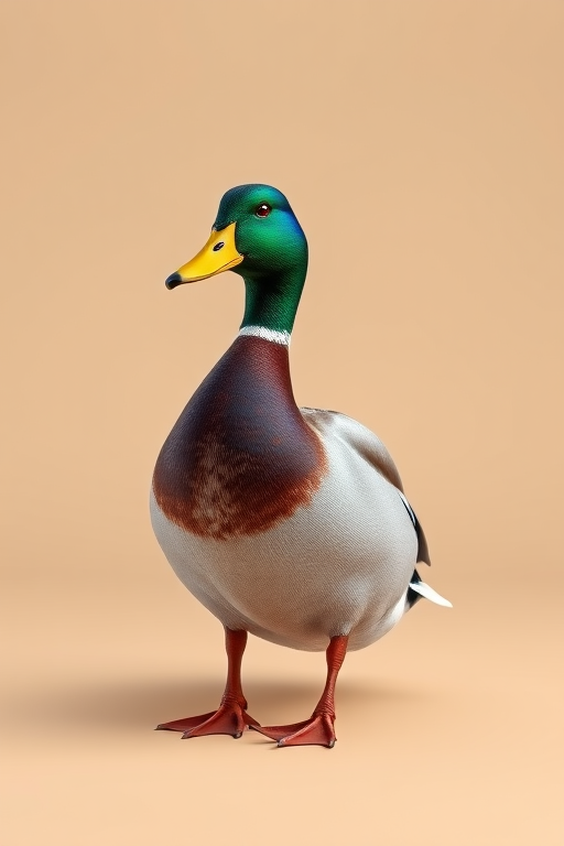 Generate a realistic 3D rendering of a mallard duck standing on a plain background, focus on vibrant colors and textures, use a shallow depth of field with a 50mm lens, aperture set to f/2.8, ISO 100, and 1/200 sec shutter speed.