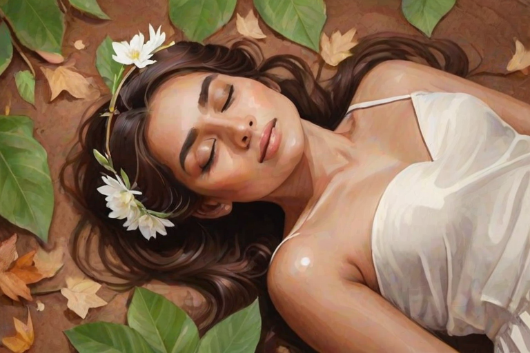 create a watercolor painting of an ethereal portrait of beautiful Pakistani woman with a simple white flower crown on her head. Her hair is long and she is lying on the ground. The sunlight on the trees casts shadows from the leaves on her face and body. The background is a neutral brown color that matches her skin tone. The image is minimalist and solid colors. This style is characterized by soft, delicate brushstrokes and a light, airy, contrasting color palette. High level of detail and play of light