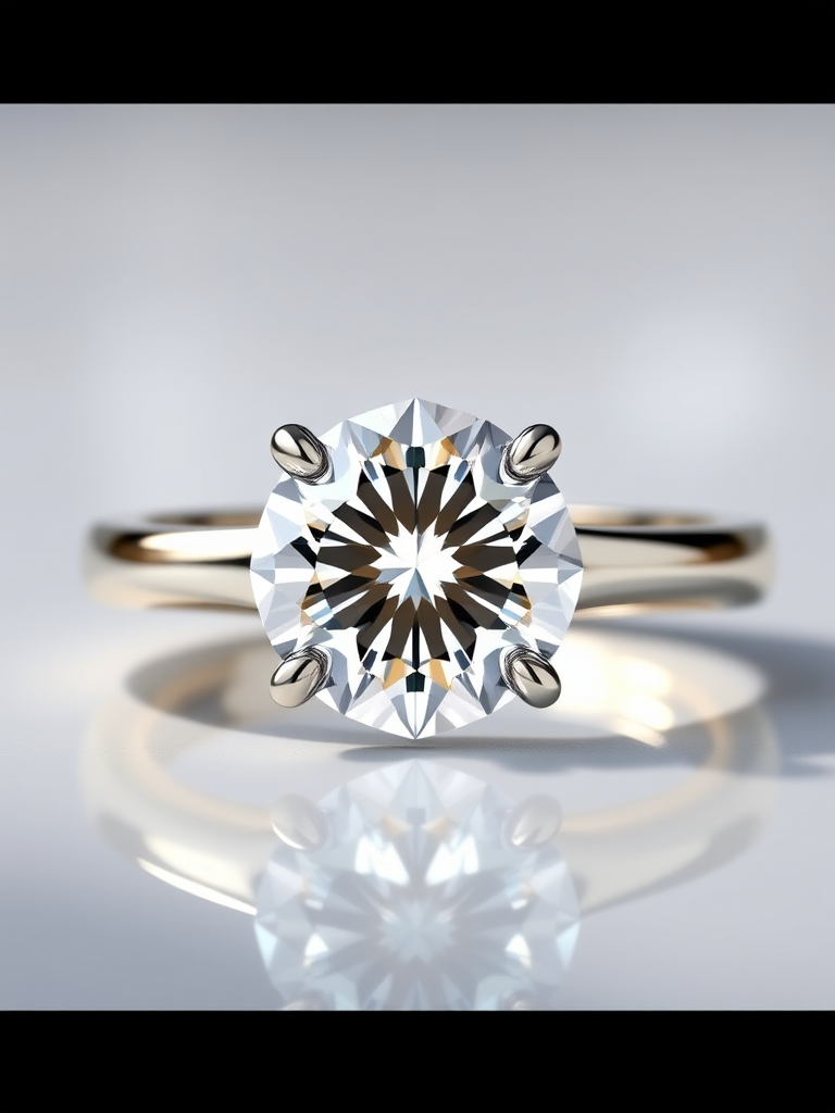 Create a high-resolution 3D rendering of a diamond engagement ring with a brilliant cut diamond, set in a polished white gold band, using a macro lens at f/2.8 for shallow depth of field, 50mm focal length, and 1/100 sec shutter speed, illuminated with soft, diffused natural light for enhanced sparkle and clarity.