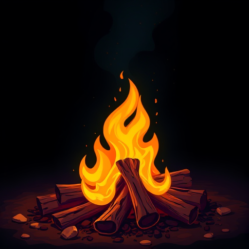 Create a vibrant illustration of a campfire with bright yellow and orange flames dancing over a stack of brown logs in a dark background, using a digital art style, 300 DPI resolution, soft focus effect, and 35mm lens.