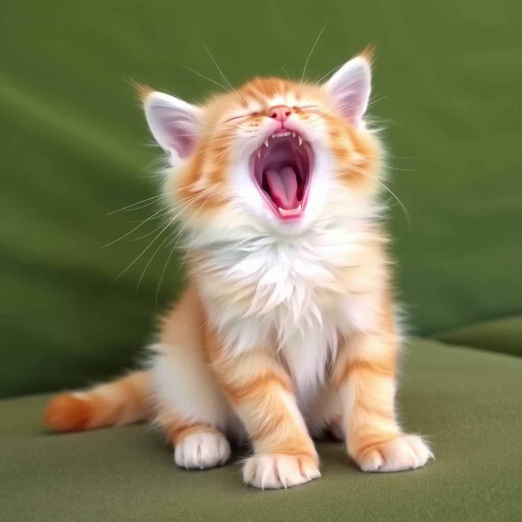 A fluffy light orange and white kitten sitting on a green couch yawning with its eyes closed and front paws together.