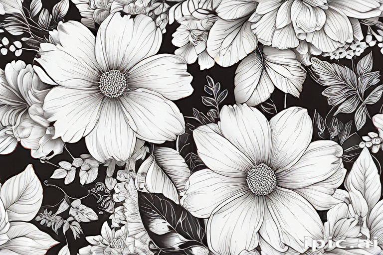 Elegant Black and White Floral Pattern Featuring Various Large Blossoms ...