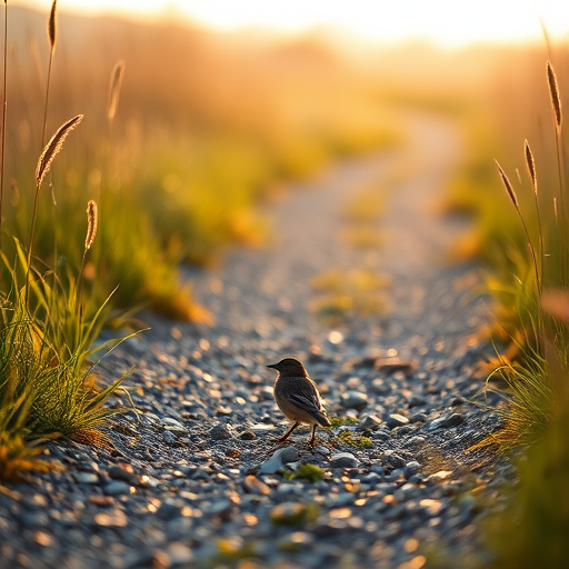 gentle morning light landscape with a solitary bird on a gravel path surrounded by tall grass, shallow depth of field, 50mm lens, f/1.8, ISO 200, soft focus background, natural lighting, captured with a DSLR camera
