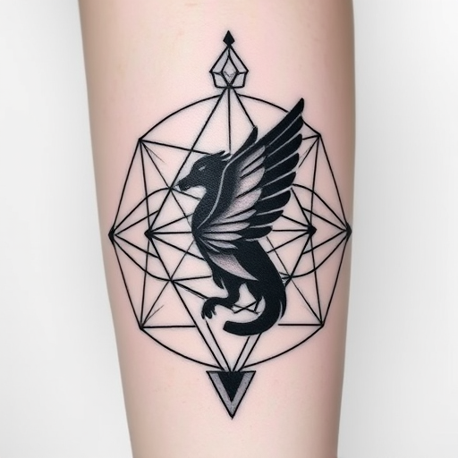 Geometric blackwork tattoo combining sacred geometry and animal silhouettes, precise line work and symmetry, bold contrast and negative space, modern minimalist design