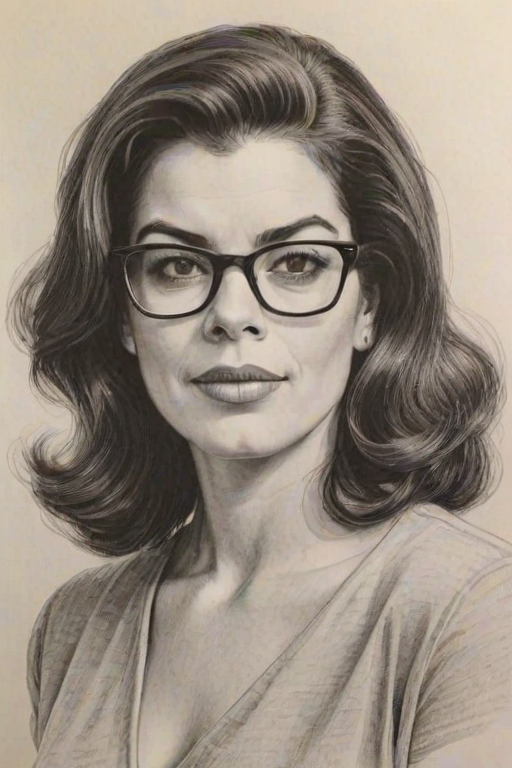 Sublime Annabella Sciorra, pencil sketch, portrait of Charming woman 1958s in glasses, hair style beatnik, outline, clear lines, fine lines, 8k