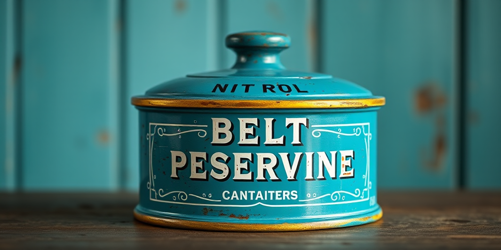 Create a high-resolution image of a vintage belt preservative canister with a teal color scheme, using a DSLR camera, 50mm lens, f/2.8 aperture, ISO 100, and natural lighting for enhanced detail and clarity.