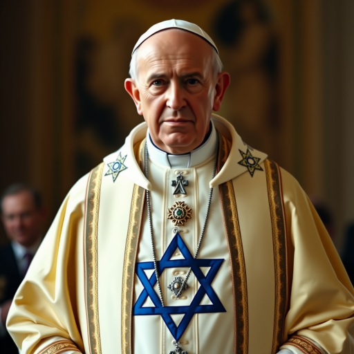 Generate an image of a papal figure wearing ceremonial robes with a Star of David symbol, captured with a Canon EOS 5D Mark IV, 50mm lens, f/1.8 aperture, ISO 100, natural lighting, centered composition.
