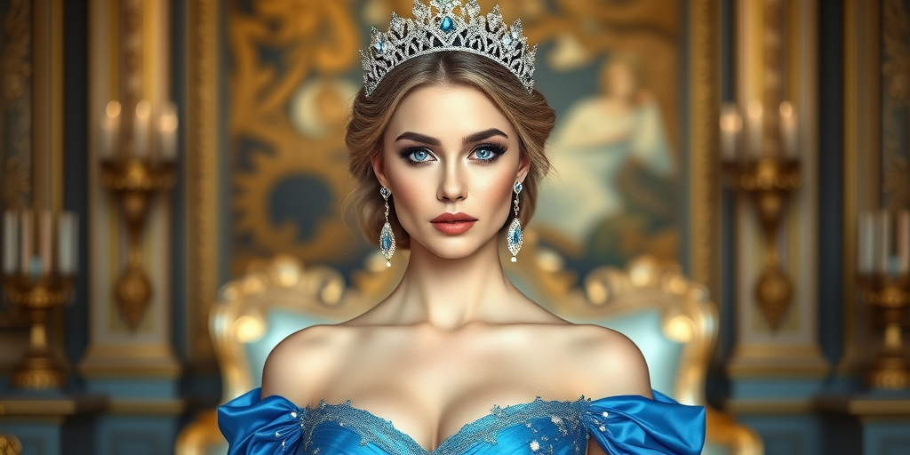 A gorgeous Caucasian woman in a luxurious blue gown, accessorized with a dazzling tiara and statement earrings, her deep blue eyes highlighted by impeccable makeup, poised in a royal setting, photorealistic, 8K quality