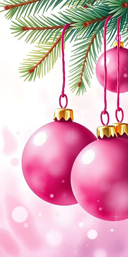 Create a vibrant and colorful illustration of pink Christmas ornaments hanging from a pine branch, using a watercolor style with soft brush strokes, shot in a close-up view with a Canon EOS R5 camera at f/2.8, ISO 100, and a shutter speed of 1/200s to enhance image quality.