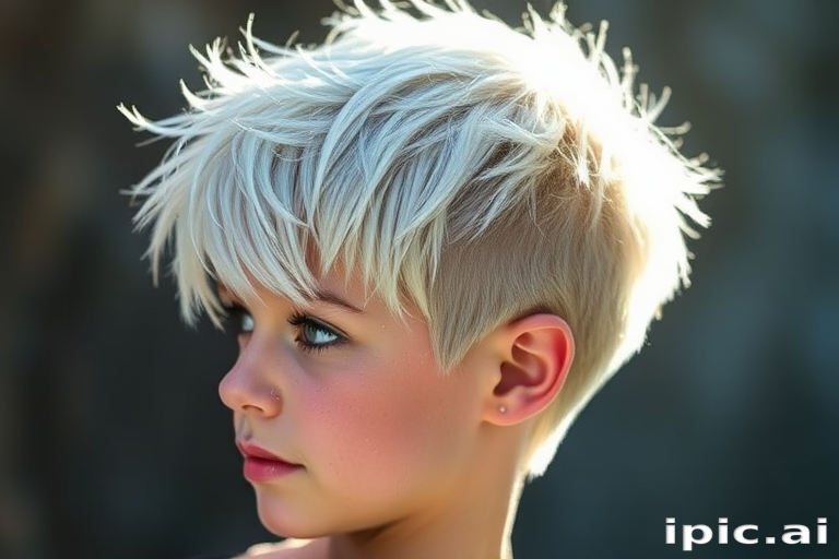Icy blonde pixie cut with platinum highlights and a textured, spiky crown, accented by a dusting of iridescent glitter for a magical "Frost Sprite" look