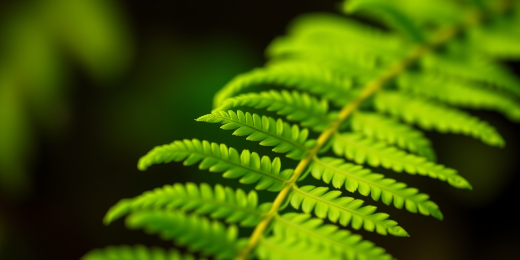 close-up shot of a vibrant green fern leaf with a blurred background, natural light, aperture f/2.8, shutter speed 1/200s, ISO 100, macro lens, DSLR camera, shallow depth of field