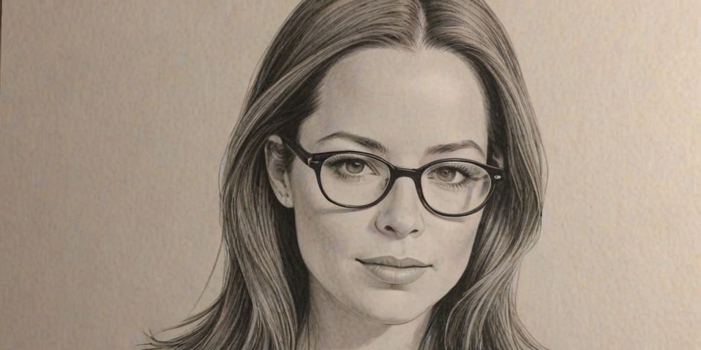 Splendid Holly Marie Combs, pencil sketch, portrait of Delightful woman 1969s in glasses, hair style beatnik, outline, clear lines, fine lines, 8k