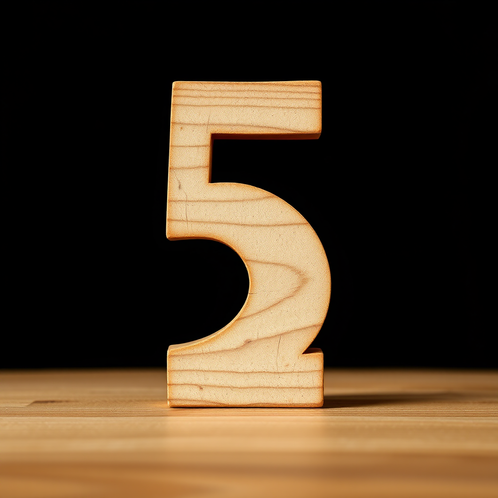 Create a high-resolution image of the number five made of textured wood, shot with a Canon EOS R5 at f/8, ISO 100, 50mm lens, with a shallow depth of field to enhance the wood grain details against a black background.