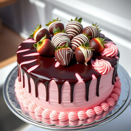 A delicious round cake with a light pink frosting base drizzled with dark chocolate ganache topped with chocolate-covered strawberries and decorative swirls of pink frosting on the sides placed on a silver cake stand in a bright setting.
