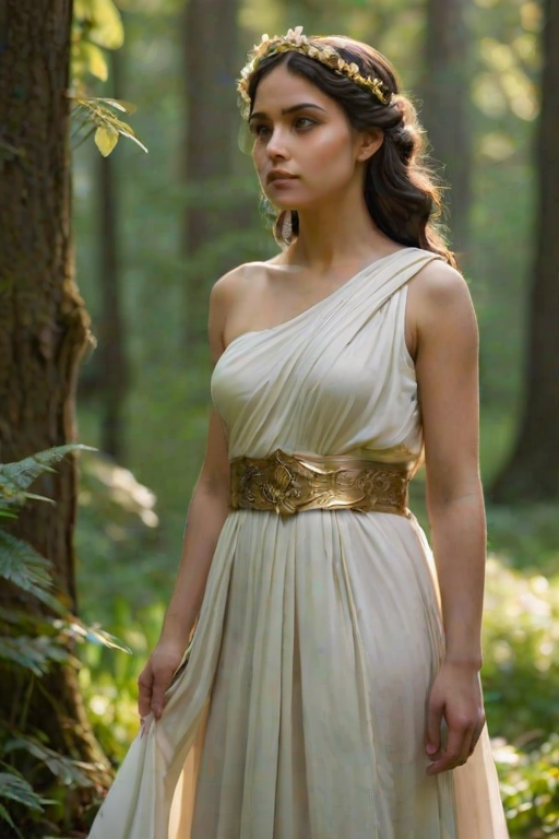 Create a portrait of a goddess-like Armenian girl figure in a tranquil, forested environment. She has an elegant appearance with long, wavy hair styled in an updo and adorned with a delicate, floral headband. She wears a flowing, ancient Greek-inspired gown in a soft, pale color, featuring a one-shoulder design and draped fabric that accentuates her graceful form. The outfit includes a decorative belt with ornate gold detailing, and she holds a bow in her hand, with a quiver of arrows slung over her shoulder. The background depicts lush greenery, with sunlight filtering through the trees, casting a gentle, ethereal light on the scene. Her expression is calm and contemplative, embodying a sense of wisdom and serenity.
