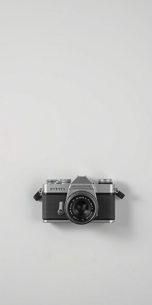 Create a highly detailed illustration of a vintage camera on a light gray background, with soft shadows and a subtle texture, captured from a top-down view, using a DSLR camera set to ISO 100, aperture f/4, and a focal length of 35mm.