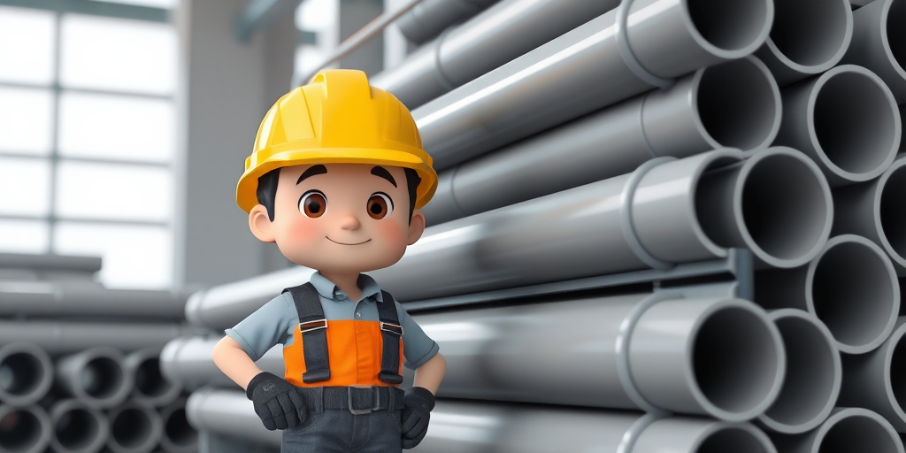 3D render of cartoon construction worker character next to stacked gray pipes, bright lighting, DSLR camera, f/2.8 aperture, ISO 100, 50mm lens, frontal view, high resolution.