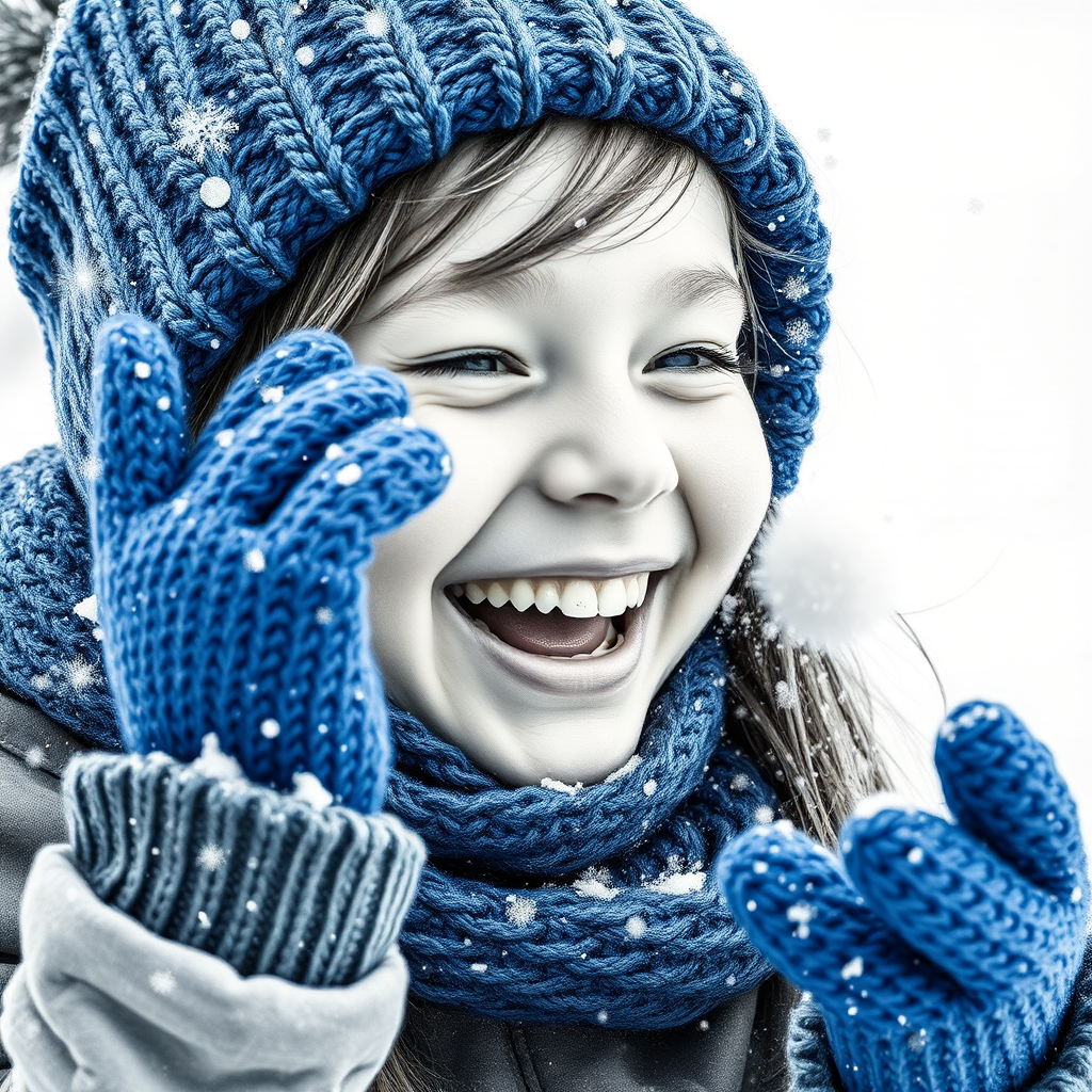 A hyperdetailed photorealistic macro image black and white pencil sketch of a young girl getting hit by a snowball during a snowball fight. She is wearing a brilliant sapphire blue wool beanie and bright blue mittens. She is trying to block the snowball by putting her hands up. The snowball hits her beanie and disintegrates into myriad tiny snowflakes caught with high speed photography. The girl is laughing and having a wonderful time.