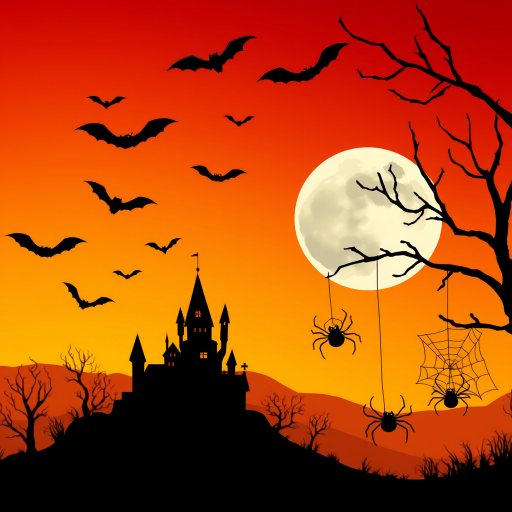 Create a spooky Halloween scene featuring a gradient sky transitioning from orange to dark red with silhouettes of bats flying. Include a large full moon and a creepy castle on one side, with spider webs and cartoonish spiders hanging in the foreground. Add some splashes of color to give a textured look to the background.