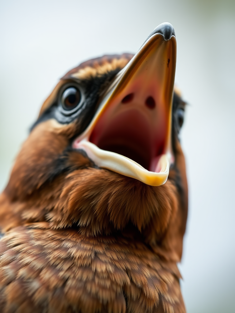 Close-up of a bird with its beak open, shallow depth of field, 85mm lens, f/1.8 aperture, ISO 200, natural light, Canon EOS R5, soft bokeh background.